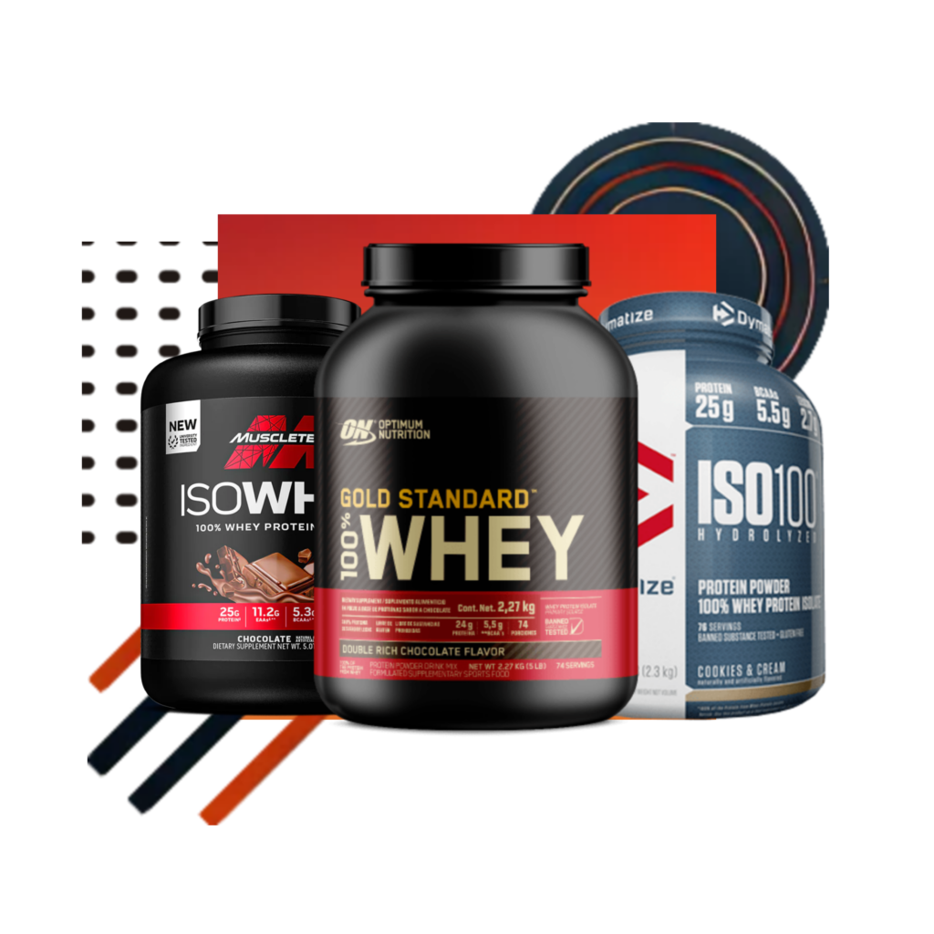 Variedad de suplementos de proteínas en polvo: ISOWHEY, Gold Standard Whey y ISO100